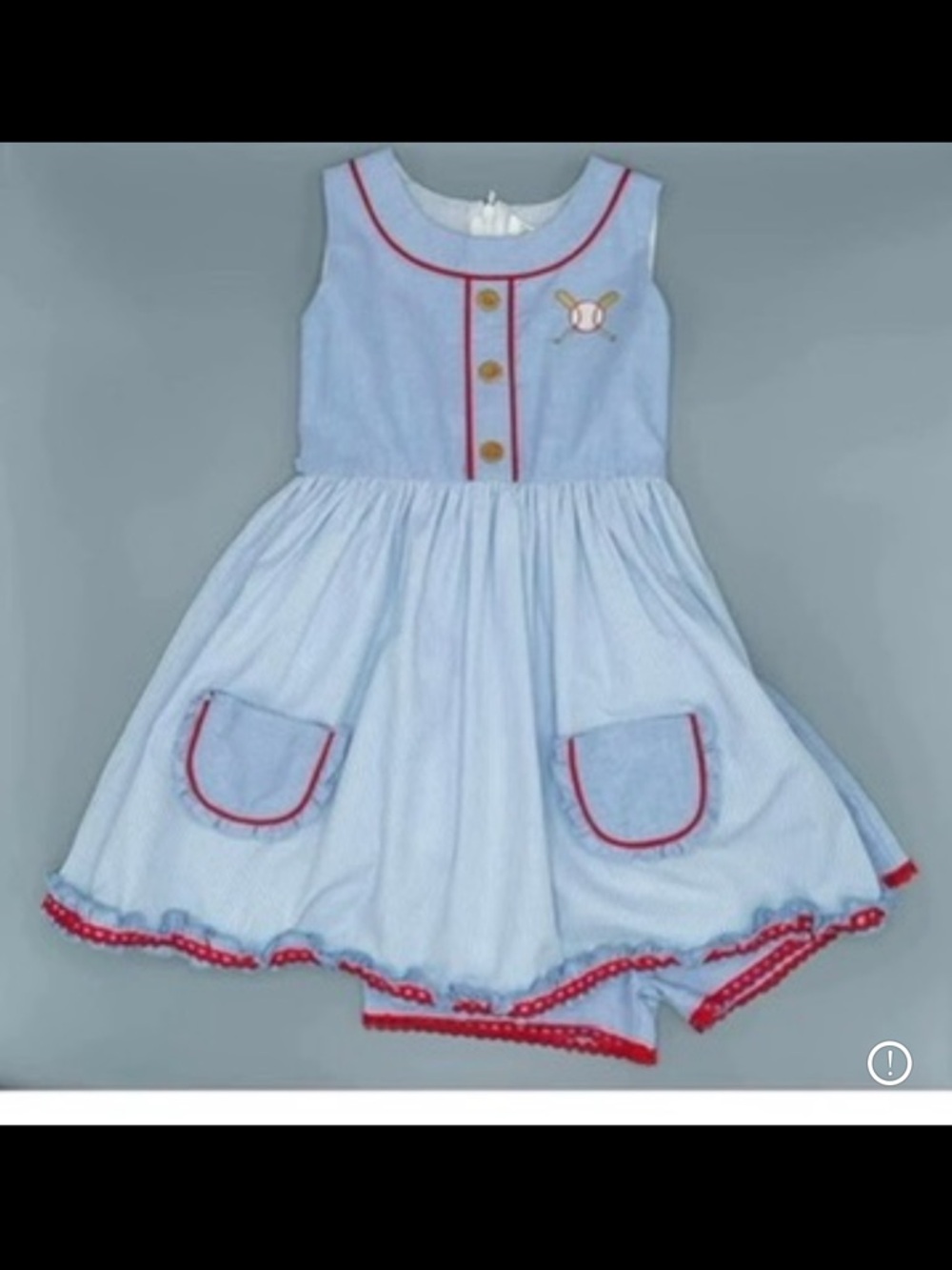 Baseball DressLight Blue Sleeveless Girls' Dress with Red Trim and Pocket Detail
